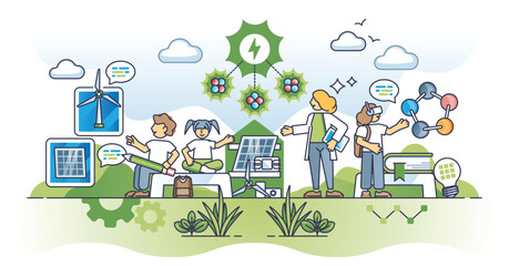 Education and awareness for greener future learning with kids outline concept. Sustainable and environmental electricity principles explanation in school vector illustration. Clean power project. - obrazy, fototapety, plakaty