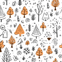 Autumn forest seamless pattern with season decor on white 