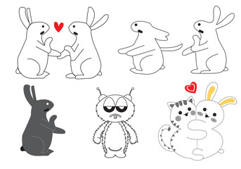 Dodgy bunny rabbit sketch vector illustration. bunny line art doodle in different poses.