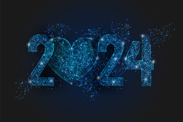 Abstract isolated blue image of new year number 2024. Polygonal low poly wireframe illustration looks like stars in the blask night sky in spase or flying glass shards. Digital web, internet design. - obrazy, fototapety, plakaty