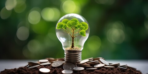 Green Energy Investment Plants Growth On Money And Tree In Lightbulb