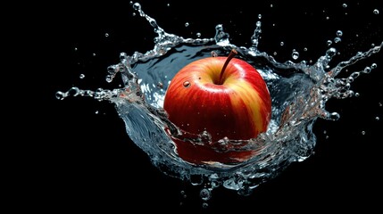 apple sinking in water with water splashes black background