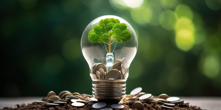 Green Energy Investment Plants Growth On Money And Tree In Lightbulb