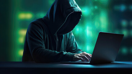 A hacker in a dark hoodie illuminated by a computer screen,  symbolizing the faceless threat of cyberattacks