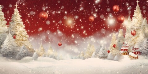 Fototapeta na wymiar Christmas banner with snowy cartoon winter tale landscape on red background. Greeting card or invitation.
