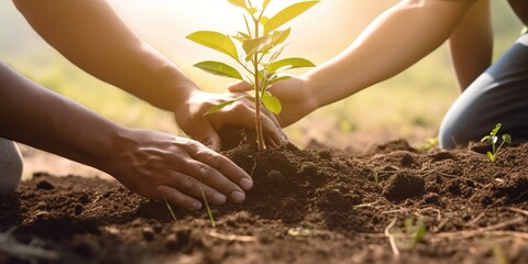 two hands are planting a tree