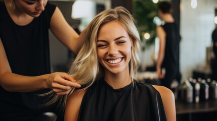 hairdresser salon with a beautiful woman getting a new haircut