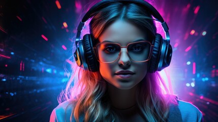 Fototapeta na wymiar DJ woman wearing stylish glasses and headphones