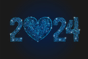 Abstract isolated blue image of new year number 2024. Polygonal low poly wireframe illustration looks like stars in the blask night sky in spase or flying glass shards. Digital web, internet design. © Katsiaryna