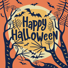 Lettering Happy Halloween on orange background with big Moon ant trees. Card with black spiders, cobwebs and flying bats. Illustration can be used for children's holiday design, decoration, card, bann