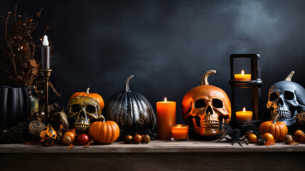 Creepy and spooky halloween season decoration. Skull and pumpkin for occult or holiday