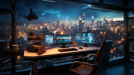 Fototapeta na wymiar Gaming setup featuring a pristine white gaming chair bathed in the ethereal glow of fluorescent and blue lighting, intricately detailed cityscapes, blending elements of light black and cyan