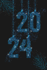 Abstract isolated blue image of new year number 2024. Polygonal low poly wireframe illustration looks like stars in the blask night sky in spase or flying glass shards. Digital web, internet design. © Katsiaryna