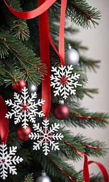 A Christmas Tree With Red Ribbon And Snowflakes