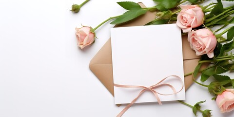 Wedding invitation card, blank paper card, craft envelope, ribbon and bouquet of pink roses on white background.