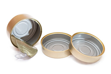 Three Opened Empty Tin Cans Isolated on White Background. Clean Used Aluminum Cans - Isolation. Non-Degradable Inorganic Waste