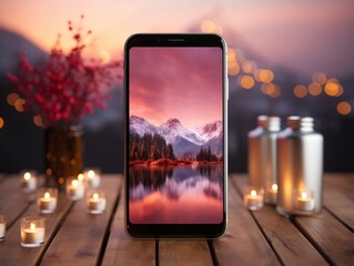 Smartphone mockup on wood desk with pink cinematic lighting and isolated background generative ai