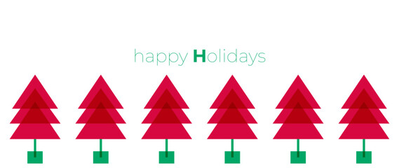 Happy New Year and Merry Christmas. Minimal style background with fir trees, design template with typography, seasonal wishes in modern minimalist style for web, social media, print