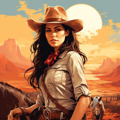 Attractive young cowgirl illustration. Generative ai
