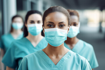 The portrait of a confident nurse wearing a green surgery mask and medical uniform with her team as a background, Generative AI.