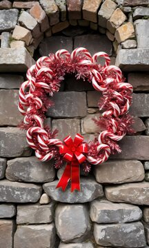 A Wreath Made Of Candy Canes On A Stone Wall