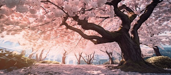 tree of Japanese sakura in spring on meadow, isolated cherry tree on the horizon. Landscapes