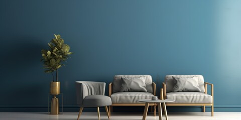 gray sofa combined with gold decorative lights. blue background - obrazy, fototapety, plakaty
