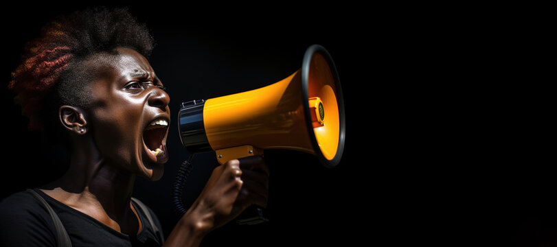 Generative AI, Studio shot of African woman using a megaphone against a black background, a powerful statement 