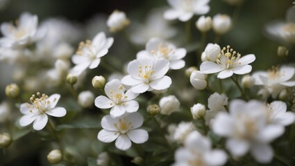Close up on beautiful white small flowers details in nature.

