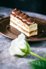 Italian dessert tiramisu close-up. Low key,