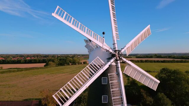 Waltham windmill. Aerial drone video clip of the historical working windmill. Only six sailed windmill in the UK