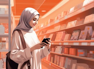 A woman browses a bookstore, holding a cell phone and looking at the items on the shelves.. Fictional characters created by Generated AI.