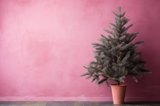 Green Christmas Tree on pink wall minimalistic background with copy space.
