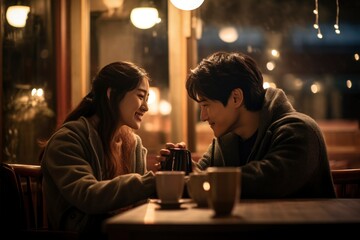 In a warm and intimate cafe, a young Asian couple savor a romantic evening date together