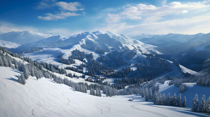 Fototapeta na wymiar Beautiful winter landscape. Sunrise in the mountains. Ski resort. Winter holiday and travel concept.