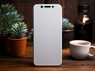 Smartphone mockup on wood desk with isolated background generative ai