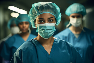Proficient doctor in green surgical attire, dedicated in an operating room at a hospital, wearing a hygiene mask and plastic hair cover.