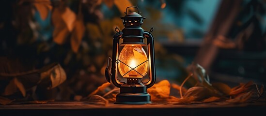 Fototapeta na wymiar Vintage gasoline oil lantern lamp burning with a soft glow light in a dark forest with a blur natural background