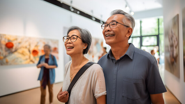 Happy senior thai, asian couple walking together through an art gallery