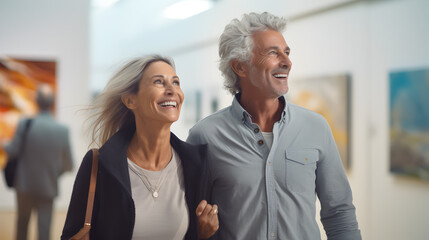 Happy senior white, caucasian couple walking together through an art gallery