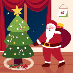 Santa Claus brought gifts. Christmas illustration. Christmas tree and gifts. Festive card. Vector.