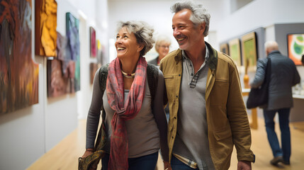 Happy senior couple walking through.a museum together hand in hand - obrazy, fototapety, plakaty