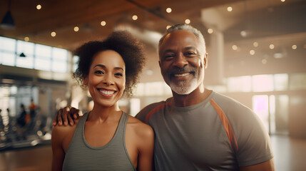 Fototapeta na wymiar Happy senior african american couple standing together in a gym after exercising