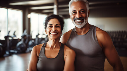 Fototapeta na wymiar Happy senior asian, indian couple standing together in a gym after exercising