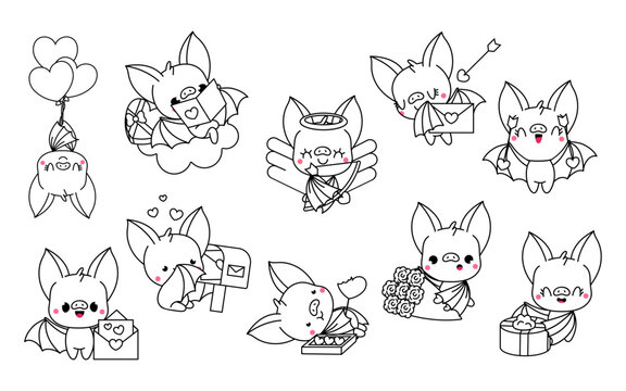 Collection of Vector Kawaii Bat Coloring Page in Love. Set of Isolated Cartoon Baby Bat Outline