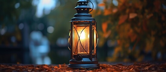 Vintage gasoline oil lantern lamp burning with a soft glow light in a dark forest with a blur natural background - obrazy, fototapety, plakaty