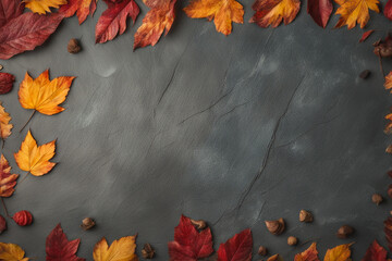 Autumn background with colored red leaves on background. Top view, copy space.