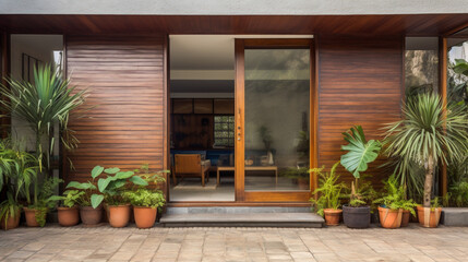 Entrance to a house with plants, a glass door with a wooden frame.