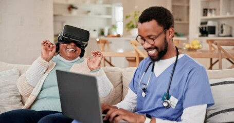 Laptop, virtual reality or metaverse with a nurse and patient on a sofa in the home living room for healthcare. Computer, technology and vr headset with a medical volunteer talking to a senior woman - Powered by Adobe