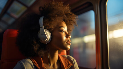 african american traveler with afro hair sitting on public transport while listening to music with headphones - obrazy, fototapety, plakaty